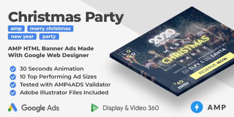 Merry Christmas and Happy New Year Party AMP HTML Banner Ad Templates (GWD, AMP)