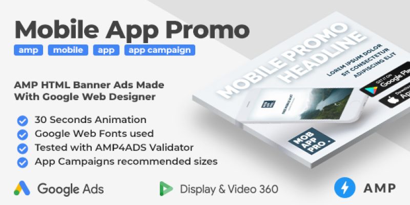 Mobile App Promo – Animated AMP HTML Banner Ad Templates (GWD, AMP)
