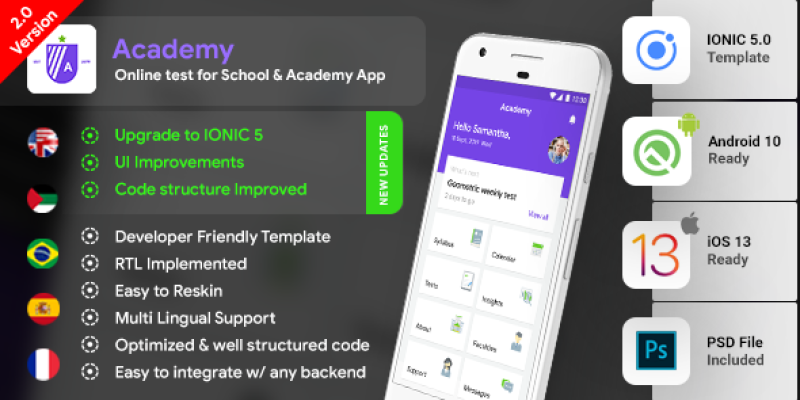 Online Test for School & Academy Template (HMTL + Css) IONIC 5 | Academy