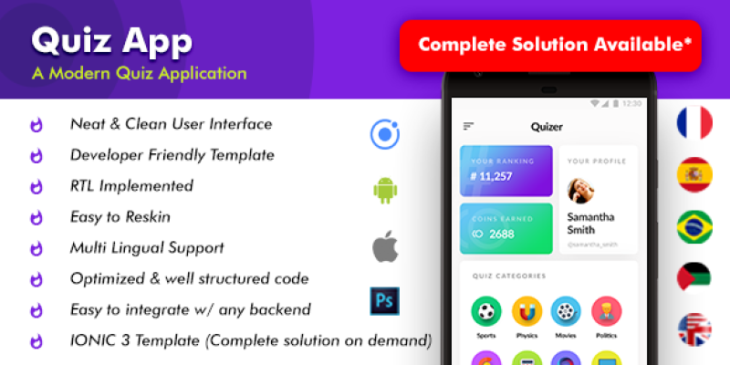 Quiz Android App Template + Quiz iOS App Template (HTML+CSS files IONIC 3) | Quizer
