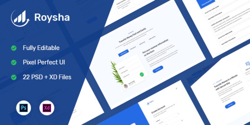 Roysha – Money Transfer and Online Payments PSD and Adobe XD Templates