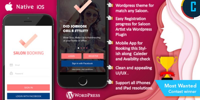 Saloon Booking iOS Native App with WordPress Plugin with Responsive Web Theme