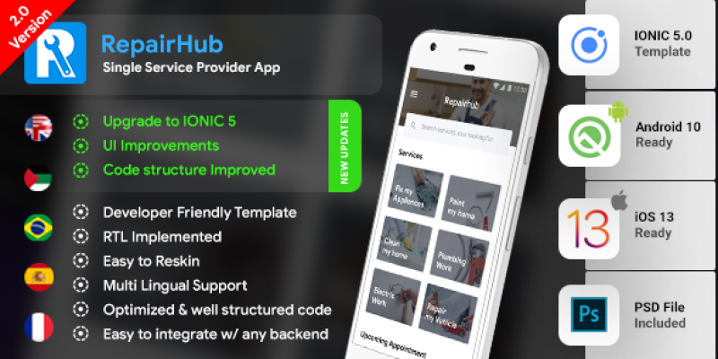 Service Provider Android App + ios App Template (HMTL + Css) IONIC 5 | RepairHub