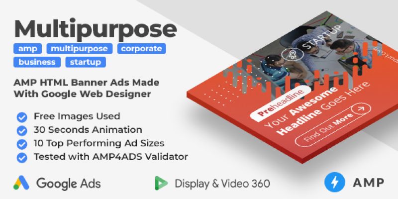 Startup – Multipurpose Animated AMP HTML Banner Ad Templates (GWD, AMP)