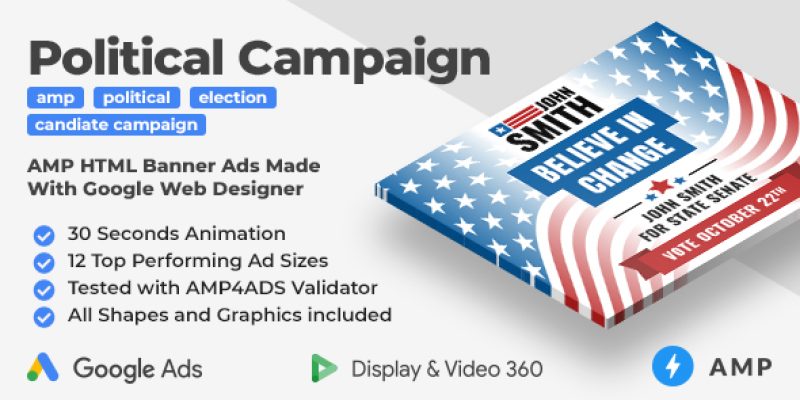 The Candidate – Political Campaign Animated AMP HTML Banner Ad Templates (GWD, AMP)