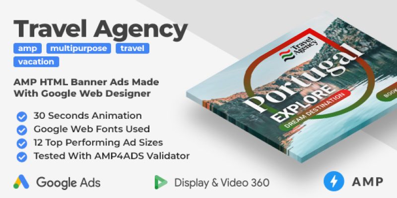 Travel Agency Animated AMP HTML Banner Ad Templates (GWD, AMP)