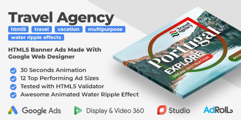 Travel Agency Animated HTML5 Banner Ad Templates With Water Ripple Effect (GWD, anime.js)