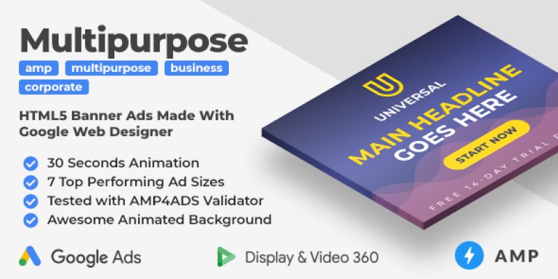 Universal – Multipurpose Business Animated AMP HTML Banners (GWD, AMP)