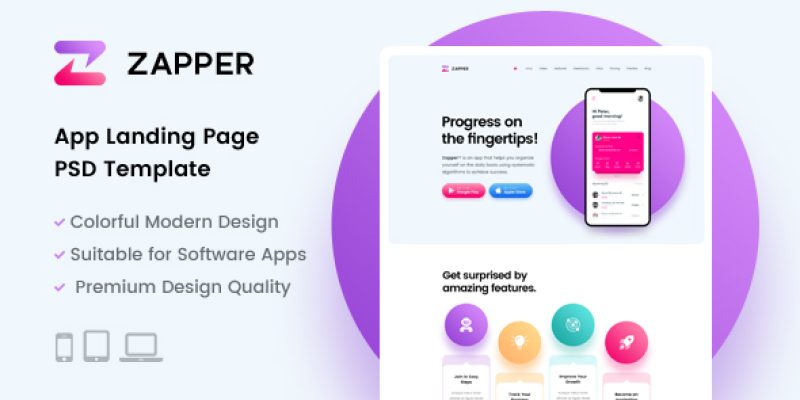 Zapper – App Landing Page PSD Template