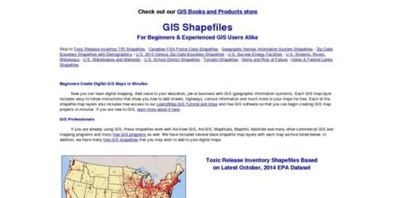Download GIS Shapefiles – FSA, GNIS, zip code, climate, tornadoes, school districts, zip codes, dams , Indian and federal lands, toxic releases